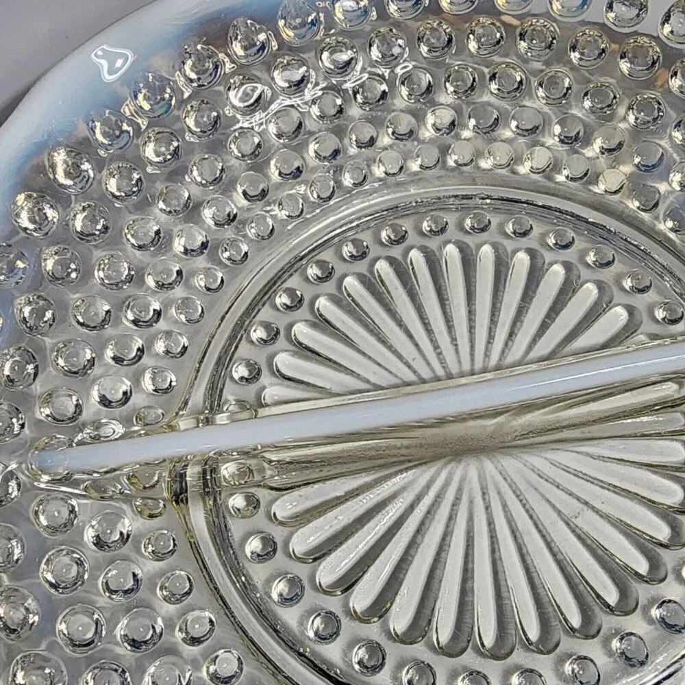 Moonstone Pattern Glass Ruffled Divided Relish with Opalescent Blue Hobnail VTG